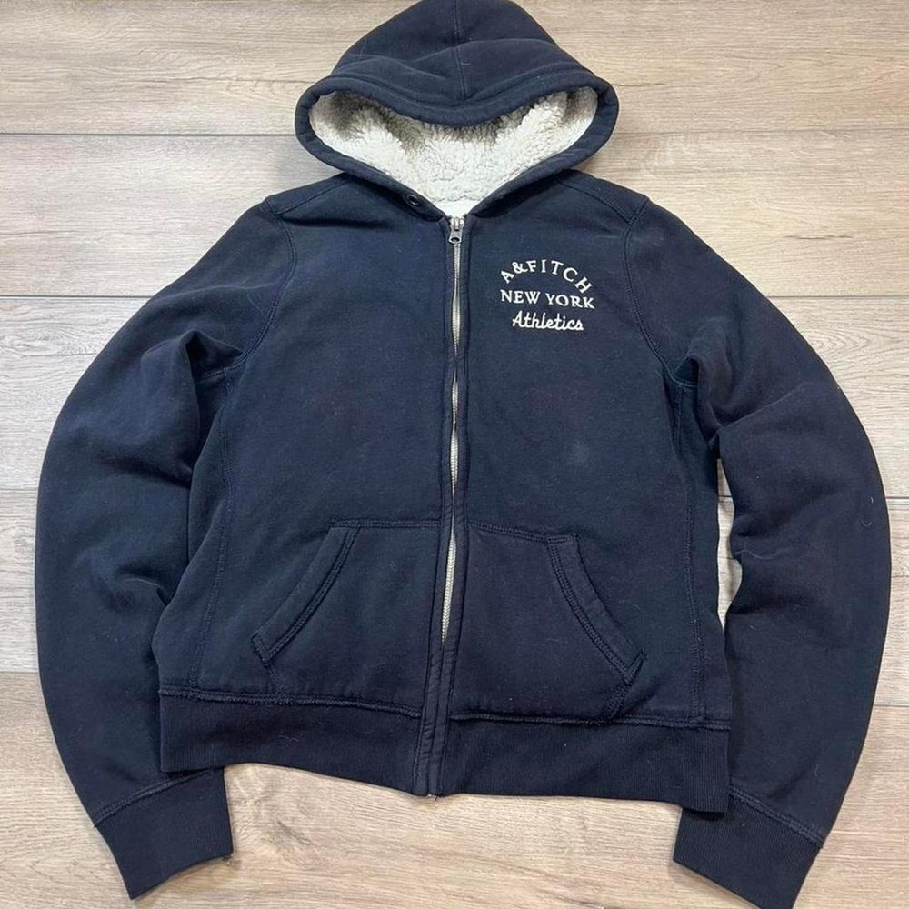 Abercrombie & Fitch Hoodie Womens Large Navy Sherpa Lined Zip Up Athletics